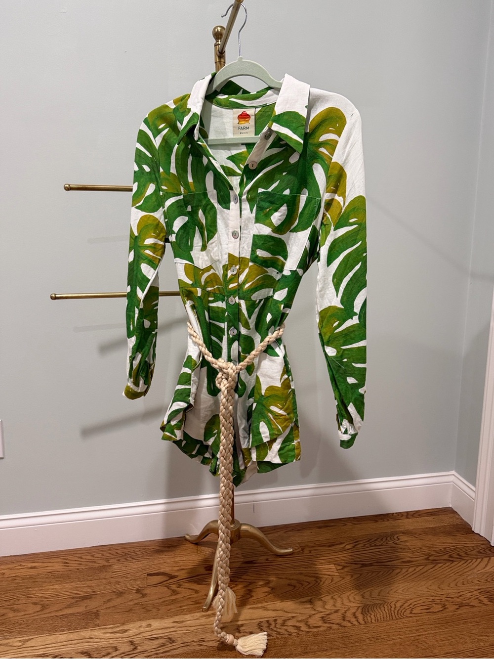 Farm Rio White Monstera Belted Button-Front Linen Romper